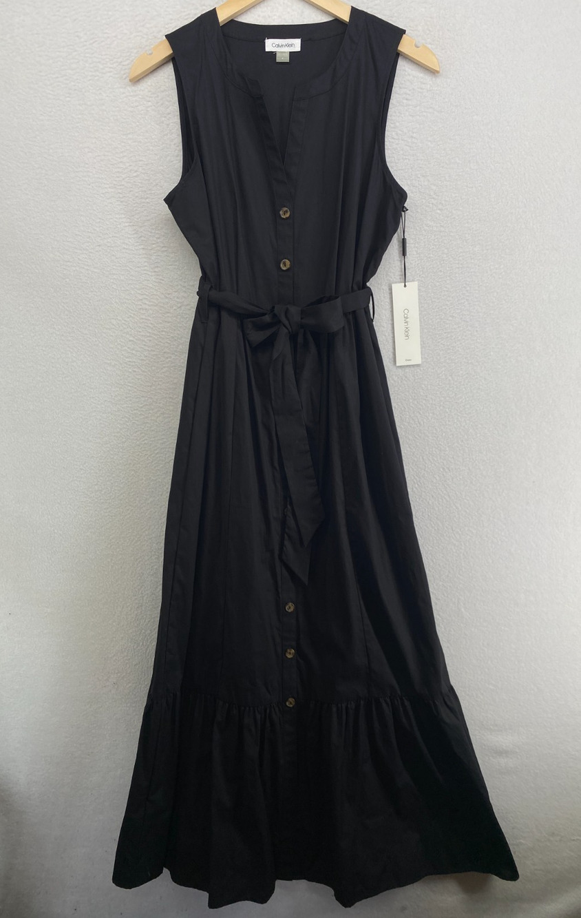 CALVIN KLEIN Dress 4 Sleeveless Shirtdress Maxi Button Up Tie Belted Black NEW